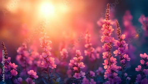 Pink lupine flowers blooming at sunset with soft bokeh background and golden sunlight creating dreamy atmospheric nature scene for romantic designs.