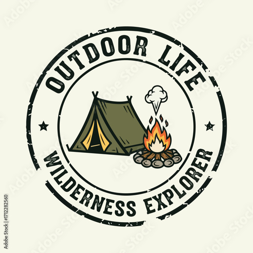 Outdoor life wilderness explorer camping tent and campfire stamp design,A circular stamp design featuring a tent and campfire, symbolizing outdoor adventure and exploration in the wilderness.