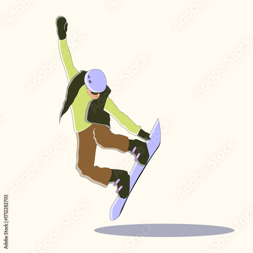 Vector illustration of a snowboarder in winter sports gear performing a jump trick on a snowboard. Isolated on light background, perfect for concepts related to extreme sports.