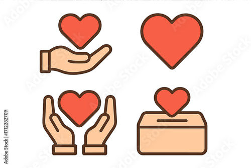 Donation and charity icon set vector. Hand giving heart, care symbol, and love in a box. Concept of kindness, support, help, and volunteering. Flat cartoon illustration.