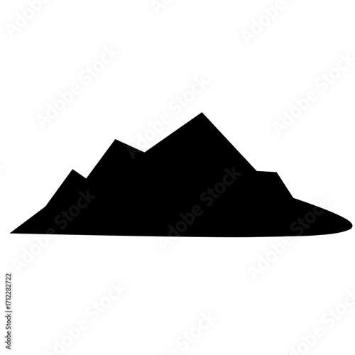 Clean, graphic vector illustration shows a mountain with rugged, snowy peaks. Simple black silhouette against a white backdrop. Isolated, mountain icon for design projects.