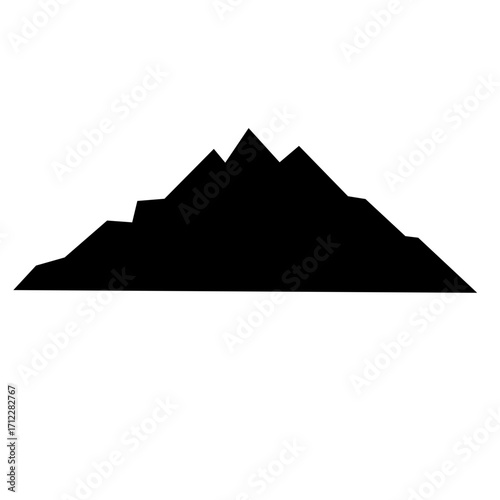 Clean, graphic vector illustration shows a mountain with rugged, snowy peaks. Simple black silhouette against a white backdrop. Isolated, mountain icon for design projects.