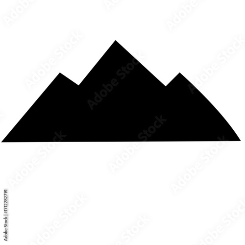 Clean, graphic vector illustration shows a mountain with rugged, snowy peaks. Simple black silhouette against a white backdrop. Isolated, mountain icon for design projects.