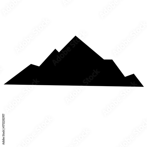 Clean, graphic vector illustration shows a mountain with rugged, snowy peaks. Simple black silhouette against a white backdrop. Isolated, mountain icon for design projects.