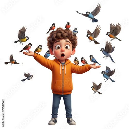 Surprised boy in orange hoodie surrounded by flocking birds in a whimsical artistic scene