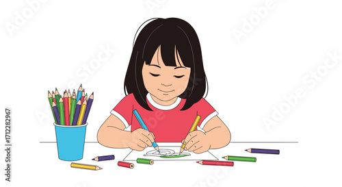 A young girl happily drawing and coloring with pencils on paper.