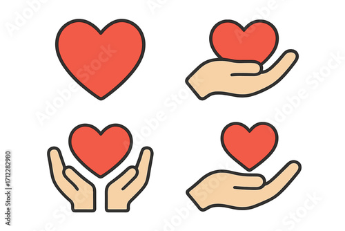 Heart in hand icon set. Vector illustration of charity, donation, and love symbols. Concepts of health care, kindness, volunteering, and support. Flat design isolated.