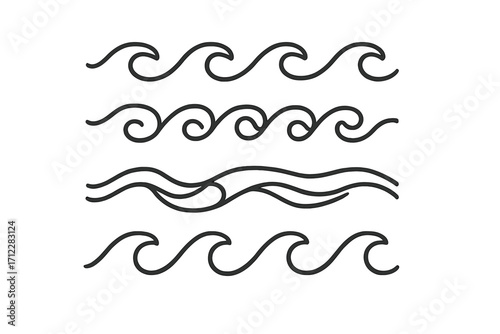 Wave line icon set. Sea ocean water flow ornament. Simple linear graphic design element. Abstract minimal vector pattern for border or divider. Cartoon illustration collection.