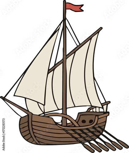 Vintage sailing ship floats on calm waters, its sails billowing gently in the breeze, evoking a sense of adventure and maritime history.