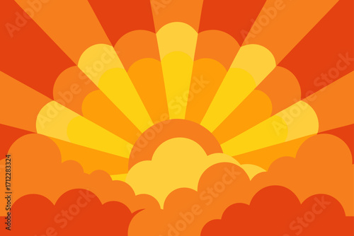 An abstract and vibrant illustration of a summer sky with bright sun rays and a cloudscape