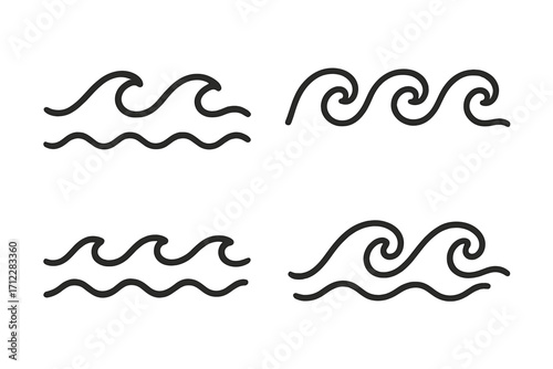 Wave line icon set. Simple seamless ocean wave ornament. Vector water flow and surf symbol collection. Minimalist sea doodle. Abstract graphic design element for patterns.
