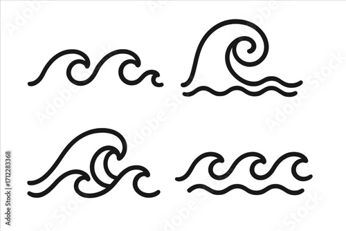 Line wave ornament icon set. Seamless ocean wave vector cartoon illustration. Simple water, sea, surf, and flow symbols for design. Abstract doodle ripple and current.