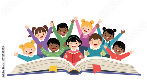 Children joyfully reading books and celebrating learning.