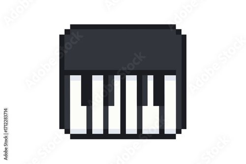 Piano keyboard in pixel art style. 8-bit retro gaming music icon. Musical instrument keys symbol for video game asset. Synthesizer vector graphic illustration isolated.