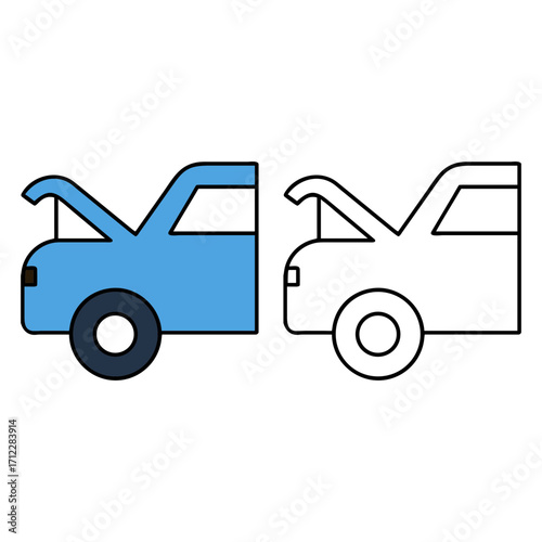 Cartoon Car with Open Hood Illustration and Coloring Page