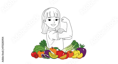 A young person happily selecting fresh fruits and vegetables from a vibrant garden bounty.