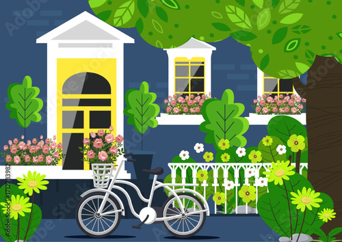 Home exterior garden bicycle colorful icons