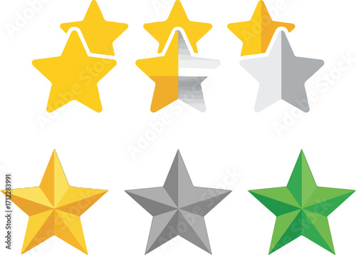 Vector Illustration of Star Ratings and Decorative Star Icons in Flat and Geometric Styles
