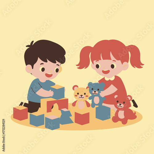 Two cartoon children playing with building blocks and teddy bears on a light yellow background girl