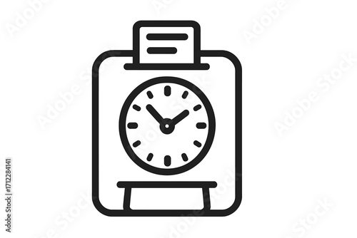 Time clock punch card icon. Employee attendance and work hours tracking symbol. Job timekeeping, payroll, and deadline concept. Vector sign for office schedule and labor management.