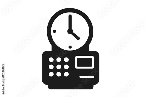 Time clock icon for employee attendance tracking. Punch clock symbol for work hours and payroll. Business management and deadline concept. Vector silhouette illustration.