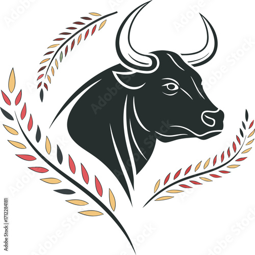 Stylized black bull head silhouette surrounded by autumnal leafy branches in a circular decorative frame Art & Illustration