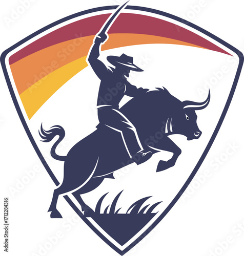 Silhouette of a cowboy riding a bucking bull with a lasso raised high against a vibrant sunset and grassy terrain symbolizing rodeo and western adventure Art & Illustration