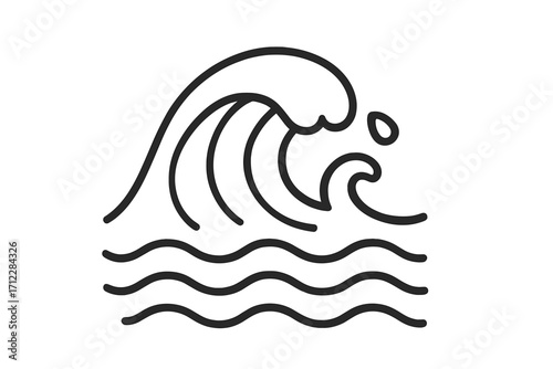 Ocean wave line art icon. Sea storm, tsunami symbol. Minimalist water splash and surf logo concept for summer travel and nature. Vector illustration isolated on white background.