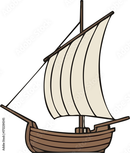Simple wooden sailing ship floats on calm water with white sails catching the wind, evoking a sense of adventure and exploration.