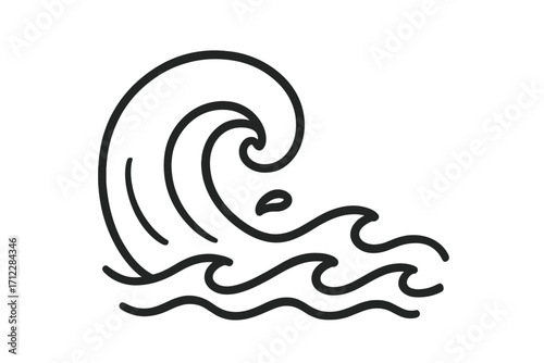 Water wave symbol, sea ocean icon in linear outline style. Simple surf tsunami storm logo. Vector illustration of nature power, aqua liquid flow, black doodle splash curl concept.