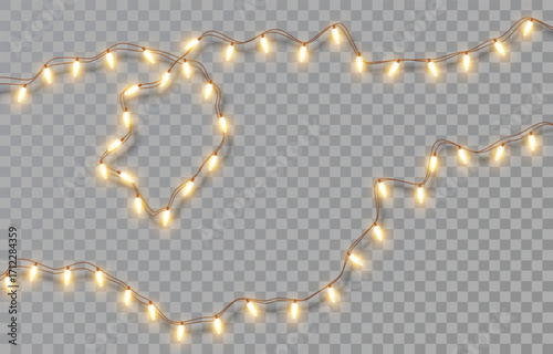 Garland of Christmas lights. Festive bright lights of bulbs, tangled wire, garland with loop isolated on transparent background. Vector New Year party led lamps decoration, elements holiday design