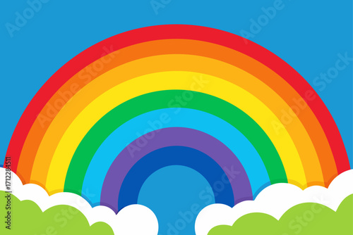 A colorful vector illustration of a bright rainbow arching across a summer sky with fluffy clouds