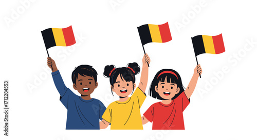 Children cheerfully waving Belgian flags celebrate national pride.