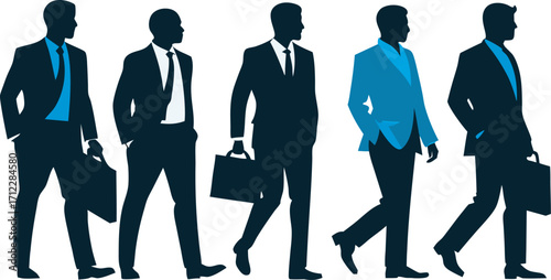 Silhouettes of five diverse businessmen in formal suits and briefcases walking in a line representing corporate success and professional journey Art & Illustration