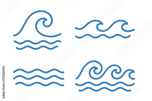 Wave icon set. Simple line art sea and ocean symbols. Minimal water flow, surf, and tide signs. Vector logo element collection. Aqua, liquid, ripple, stream graphic.