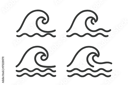 Wave line icon set. Simple sea and ocean water symbols. Vector graphic illustration for surfing, tide, flow, and weather concepts. Minimalist nature design elements.