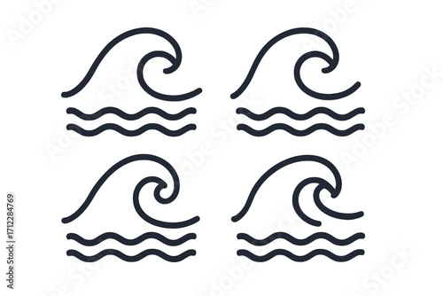 Wave icon set. Line style water symbol collection. Simple ocean waves graphic element for logo design. Vector sea surf illustration. Minimalist flow ripple and tsunami sign.