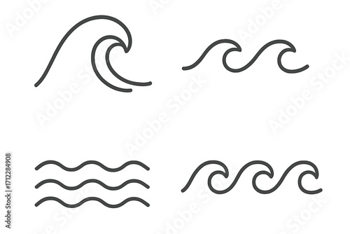 Wave icon set line style vector. Water sign collection. Sea wave, ocean flow, surf splash symbol. Simple minimalist graphic element. Liquid ripple nature illustration.