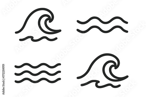 Wave icon set. Simple line art water sign collection. Sea, ocean, river flow symbol pack. Minimalist surf and aqua graphic element. Vector illustration for logo design.