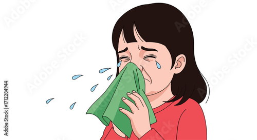 A young girl with dark hair crying and wiping her nose with a green tissue.