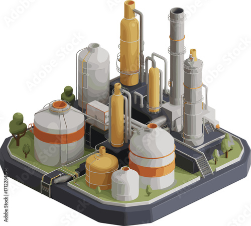 3D Isometric Industrial Factory Illustration, Petrochemical Plant with Storage Tanks, Piping System, and Chimneys, Clean Energy Concept Design