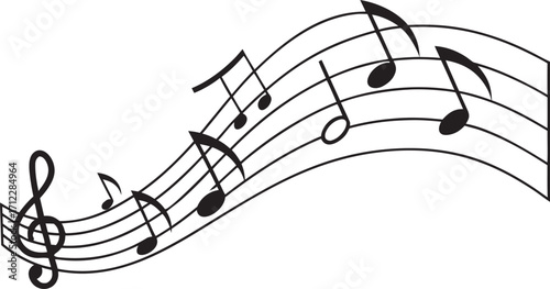 Elegant black and white illustration of musical notes flowing on a staff with a treble clef representing melody and harmony Art & Illustration