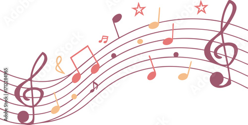 Whimsical hand drawn musical notes and staff lines with colorful stars and treble clefs on a white background Art & Illustration