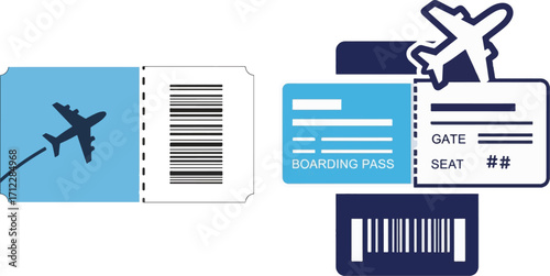 Vector Illustration of Airline Tickets and Boarding Passes with Airplane Icons and Barcodes