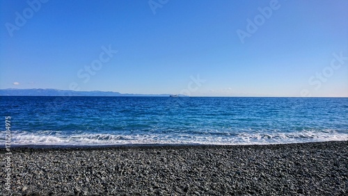 Scenic View of Suruga Bay with Ship in the Distance