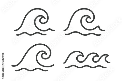 Wave icon set. Water line symbol. Sea sign. Simple ocean wave graphic. Vector illustration collection. Minimal linear element for logo design. Aqua, marine, surf, flow concept.