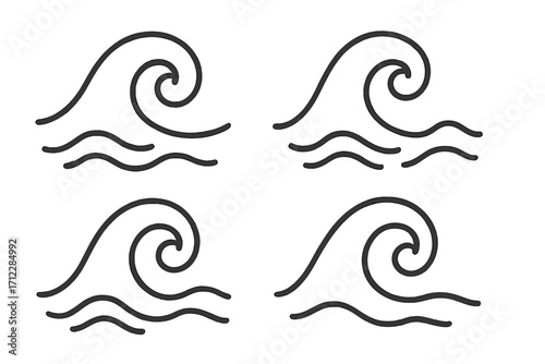 Set of simple wave icons. Minimalist water, sea, and ocean line symbols. Vector cartoon illustration of a curling surf flow. Ripple and tide graphic elements collection.