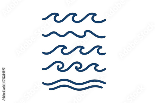 Wave icon set. Water sea line symbol. Ocean flow sign. Simple blue doodle cartoon illustration. Vector graphic element for marine, surf, summer, nature design and decoration.