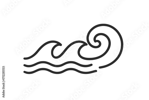 Linear wave icon, ocean swirl symbol. Vector illustration of sea, water flow. Surfing, nature, marine, aquatic abstract design element. Clean, simple, minimalist logo.