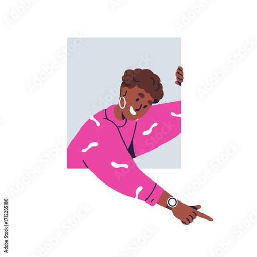 Happy black woman peeking, peeping out of window, hole, pointing down with finger. Curious smiling excited female watching and showing with hand. Flat vector illustration isolated on white background